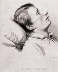 Der italienische Dichter Giacomo Leopardi (1798-1837) auf seinem Sterbebett. Gravur des 19. Jahrhunderts