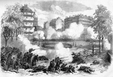 Die Pariser Kommune 1871. Angriff auf die Barrikaden der Föderierten (Kommunarden) vor dem Pantheon durch das Armeekorps von General de Cissey am 24. Mai 1871, zu Beginn der blutigen Woche (22. - 28. Mai 1871).