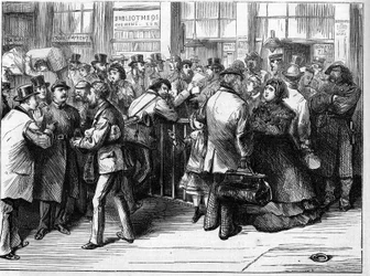 Die Pariser Kommune 1871. Passkontrolle durch die Föderierten (Kommunarden) von Personen, die Paris über die nördlichen Eisenbahnen verlassen.