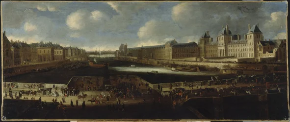 Die Pont-Neuf, gesehen vom Eingang der Place Dauphine, der Quai Malaquais mit dem im Bau befindlichen Collège des Quatre-Nations, die Grande Galerie und der Louvre, um 1665, zwischen 1660 und 1670