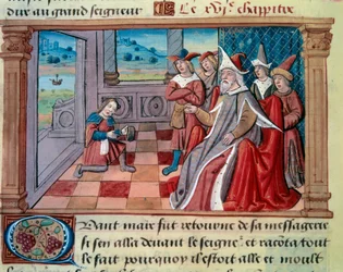 Der venezianische Navigator Marco Polo (1254-1324) vor dem großen Qubilai (Kubilai Khan, erster Kaiser der mongolischen Yuan-Dynastie (1215-1294). Miniatur aus dem „Buch der Wunder“ („Devisement du monde“, „Il Milione“) von Marco Polo (1254