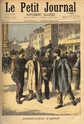 Die Verhaftung von Emile Arton (1859-1905), einem korrupten Makler im Panama-Skandal, der mehrere Jahre auf der Flucht war. Gravur in „Le petit journal“ 1/12/1895. Selvas Sammlung.