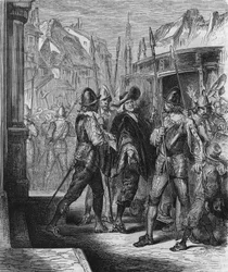 Die Verhaftung von Pierre Brousel (1575 - 1654) im Jahr 1648 auf Befehl von Anne von Österreich, die den Aufstand des Volkes (Tage der Barrikaden) und die Fronde auslöste. Gravur von 1866