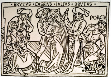 Die Ermordung von Julius Cäsar (100-44 v. Chr.): Er wird von Brutus und Cassius erstochen, während Porcia, die Frau des Brutus, verschwindet. Holzschnitt aus dem 16. Jahrhundert, Rom, Biblioteca Vallicelliana, ©Luisa Ricciarini/Leemage