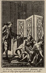 Der Baron überrascht Candide beim Erteilen einer Lektion in Experimentalphysik an seine Tochter. Frontispiz für „Candide“ von Voltaire