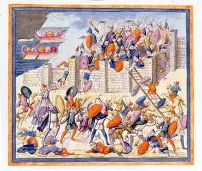 Die Schlacht auf beiden Seiten der von den Griechen errichteten Mauern. Die Ilias, Gesang XII, Gravur aus dem späten 18. Jahrhundert