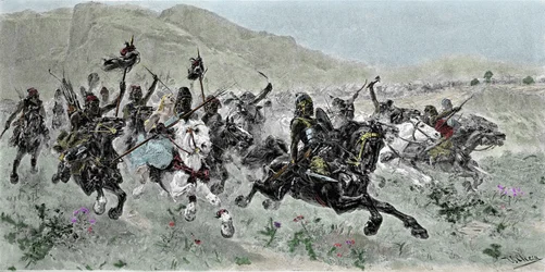 Der Ansturm der Hunnen unter der Führung von Attila (405-453) auf Italien, 5. Jahrhundert - Gravur von U. Checa