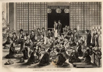 Der Speisesaal des Yokohama-Theaters ist ständig gefüllt, selbst während der Aufführung. Gravur zur Illustration der Reise nach Japan, von Aime Humbert, Minister der Schweizerischen Eidgenossenschaft, 1863-1864, veröffentlicht in „Le tour du monde“, unter 