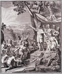 Der erste Inka Manco Capac und Königin Coya Mama Oello Huaco, seine Frau, beide Kinder der Sonne, versammeln die Wilden - in „Historische Reise durch Südamerika im Auftrag des Königs von Spanien“ von Don Georges Juan & Don Antoine de Ulloa, T.II, ed. Jombe