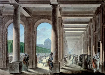 Die Galerien und Gärten des Palais Royal. Lithographie aus dem 18. Jahrhundert