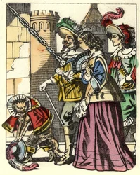 Der König, die Prinzessin und der Marquis von Carabas kommen am Schloss des Ogers an, vor ihnen der gestiefelte Kater. Illustration des Märchens „Der gestiefelte Kater“ von Charles Perrault