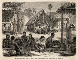Der Markt in Phnom Penh, wo malaysische Ladenbesitzer und chinesische Händler eine breite Palette von Konsum- und Fertigprodukten anbieten. Gravur zur Illustration der Erkundungsreise in Indochina, von Francis Garnier, Leutnant der Marine, 1866-1868