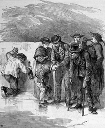 Die Pilger trinken das wundersame Wasser von Lourdes in den Hohen Pyrenäen, wo die Jungfrau 1858 Bernadette Soubirous (1844-1879) erschien, heutiger Wallfahrtsort. Gravur von 1877