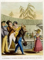 Das Sprichwort: „Ein Affe bleibt ein Affe, selbst wenn er in Seide gekleidet ist“ (Kleider machen keine Leute). Illustration aus einer Sammlung von Sprichwörtern des 18. Jahrhunderts