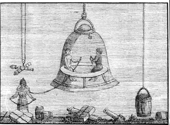 Die kleine Glocke auf den Schultern des Mannes links (der Luft von der größeren Glocke erhält) kann als Vorläufer des Helms eines Anzugs betrachtet werden. Sd. Gravur aus dem 17. oder 18. Jahrhundert.
