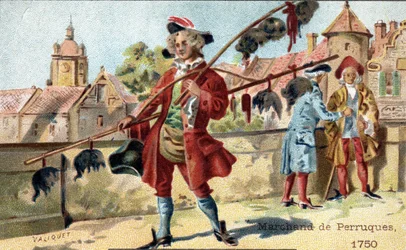 Das Handwerk des Perückenhändlers im Jahr 1750.