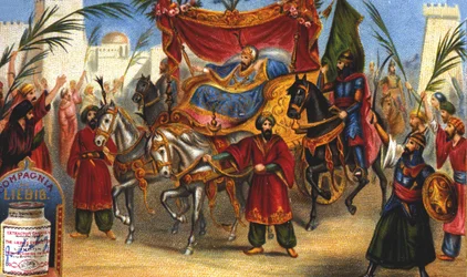 Der triumphale Einzug von Saladin (1138-1193) (Salah ad-Din Yusuf ibn Ayyub), der Wesir, in die Stadt Jerusalem im Jahr 1187 (Liebig-Chromolithographie aus dem 19. Jahrhundert)