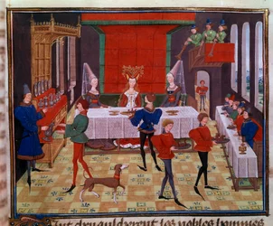 Das Hochzeitsbankett bei der Hochzeit von Clarisse, Tochter von König Yvon von Gascogne und Renaud. Miniatur aus dem Manuskript „Renaud de Montauban“ oder „Les quatre fils Aymon“ von Loyset Liedet (aktiv zwischen 1448 und 1478). Ms. 5073. 15. Jahrhundert