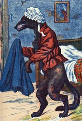 Der Wolf zieht die Kleider der Großmutter an. Anonyme Illustration für „Rotkäppchen“, Märchen von Charles Perrault (1628-1703), französischer Schriftsteller. Bildmaterial Marcel Vagne, Jarville Nancy, undatiert (spätes 19. Jahrhundert)