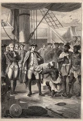 Dritte Reise (1776-1779) von Kapitän James Cook (1728-1779): Priester Koah bietet Cook ein kleines Schwein an Bord des Schiffes Resolution an (Hawaii) - Illustration aus „Die großen Seefahrer des 18. Jahrhunderts“