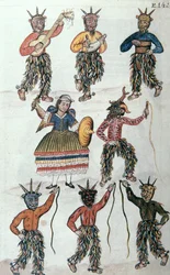 Traditioneller Tanz der Diablicos in Peru, aus dem Buch "Trujillo del Peru" oder "Códice Martínez Compañón", von Baltazar Martinez Compañón y Bujanda, Bischof von Trujillo (1782-1785)