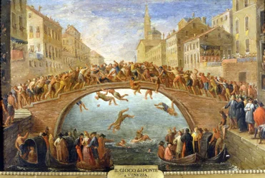 Venedig, das Spiel der Brücke. Anonymes Gemälde. 18. Jahrhundert. Private Sammlung