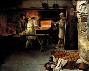 Ansicht aus dem Inneren einer Bäckerei. Anonymes Gemälde des 18. Jahrhunderts
