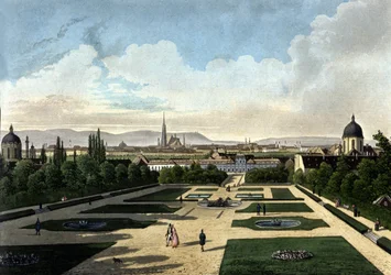 Ansicht des Belvedere in Wien, österreichischer Barockpalast, erbaut von Eugen von Savoyen. Lithographie des 19. Jahrhunderts