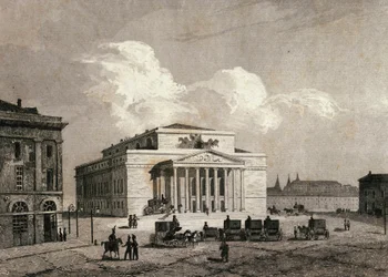 Ansicht des Bolschoi-Theaters in Moskau, Russland im Jahr 1838. Gravur des 19. Jahrhunderts