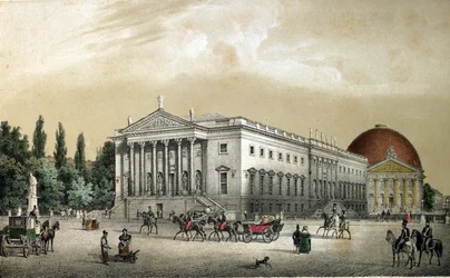 Ansicht der Oper Unter den Linden (Staatsoper Unter den Linden) auf der gleichnamigen Allee, mit der Kathedrale St. Hedwig (Sainte Edwige) am Bebelplatz (Opernplatz), Berlin. Deutschland. Gravur von 1850