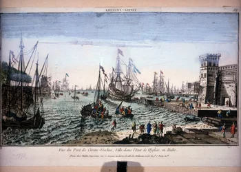 Ansicht des Hafens von Civitavecchia, Stadt im Kirchenstaat, Italien. Optische Ansicht aus dem 18. Jahrhundert