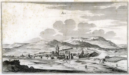 Ansicht der Stadt Ay. Gravur aus dem späten 18. Jahrhundert