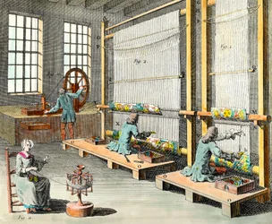 Ansicht der Werkstätten und der Herstellung von Wandteppichen in der großen Manufaktur der Gobelins in Paris