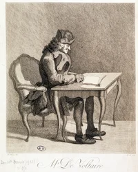 Voltaire an seinem Arbeitstisch - Gravur