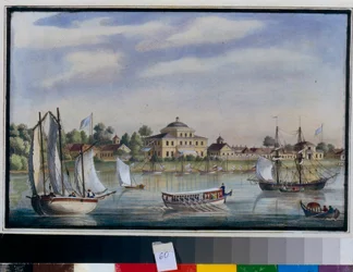 Außenansicht des Jelagin-Palastes auf der Jelagin-Insel in St. Petersburg, Russland (ca. 1840)