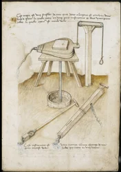 Wasserpumpinstrumente - Manuskript: Pergamentblatt eines Ingenieurhandbuchs für den Bau ziviler, religiöser und militärischer Gebäude, anonym, spätes 15. Jahrhundert (Figur in chinesischer Tinte)