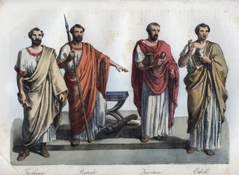 Magistrate des antiken Rom - Tribunus (Tribun) - Praetor (Prätor) (Magistrat) - Quaestores (Quästoren) - Aediles (Ädilen), Stich aus „Usi e Costumi di Tutti i Popoli dell