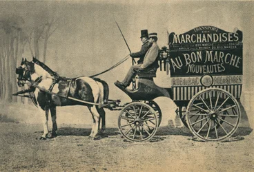 Lieferpferdewagen des Geschäfts „Au Bon Marché“ in Paris, Rue du Bac und Rue de Sèvres. Fotografie, späte 19. Jahrhundert, Paris. Sammlung Selva.