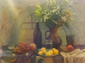 Frische Früchte und Blumen