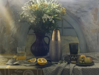 Wildblumen und frische Früchte
