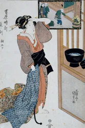 Stunde des Tigers, siebte Stunde des Morgens, ca. 1818, Ukiyo-e Kunstdruck von Utagawa Kunisada aus Die zwölf Stunden in Yoshiwara, Oban-tate-e Holzschnitt, japanische Zivilisation