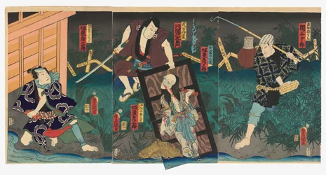 Seki Sanjurō III als Naosuke Gonbei, Kataoka Nizaemon VIII als Tamiya Iemon und Bandō Hikosaburō V als beide Geister von Oiwa und Kobotoke Kohei, und Bandō Hikosaburō V als Satō Yomoshichi