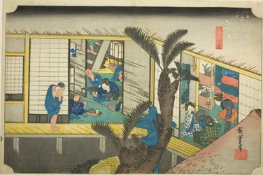 Akasaka: Kellnerinnen in einem Gasthaus, aus der Serie "Dreiundfünfzig Stationen des Tokaido"