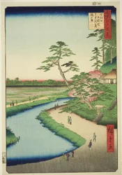 Bashos Hütte auf dem Kamelienhügel neben dem Aquädukt bei Sekiguchi, aus der Serie "Hundert berühmte Ansichten von Edo"