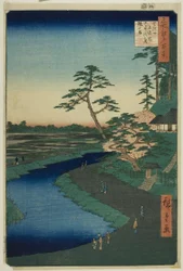 Bashos Hütte auf dem Kamelienhügel neben dem Aquädukt in Sekiguchi, aus der Serie "Hundert berühmte Ansichten von Edo (Meisho Edo hyakkei)"