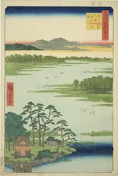 Benten-Schrein und Inokashira-Teich (Inokashira no ike Benten no yashiro), aus der Serie "Hundert berühmte Ansichten von Edo (Meisho Edo hyakkei)"