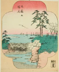 Kirschblüten in voller Blüte am Goten-Hügel (Gotenyama manka), Abschnitt eines Blattes aus der Serie "Ausschnitte berühmter Orte in Edo (Edo meisho harimaze zue)"