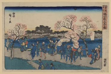 Kirschblüten entlang des Sumida-Flusses. Sumida tsutsumi hanami no zu