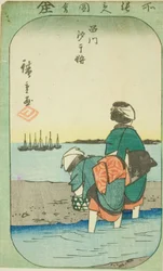 Muschelsammeln bei Ebbe in Shinagawa, Abschnitt eines Blattes aus der Serie "Ausschnitte berühmter Orte in Edo"