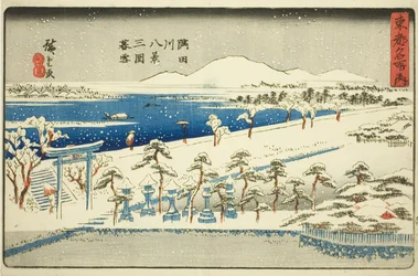 Abendschnee in Mimeguri, Acht Ansichten des Sumida-Flusses (Sumidagawa hakkei, Mimeguri bosetsu), aus der Serie "Berühmte Orte in der östlichen Hauptstadt (Toto meisho no uchi)"